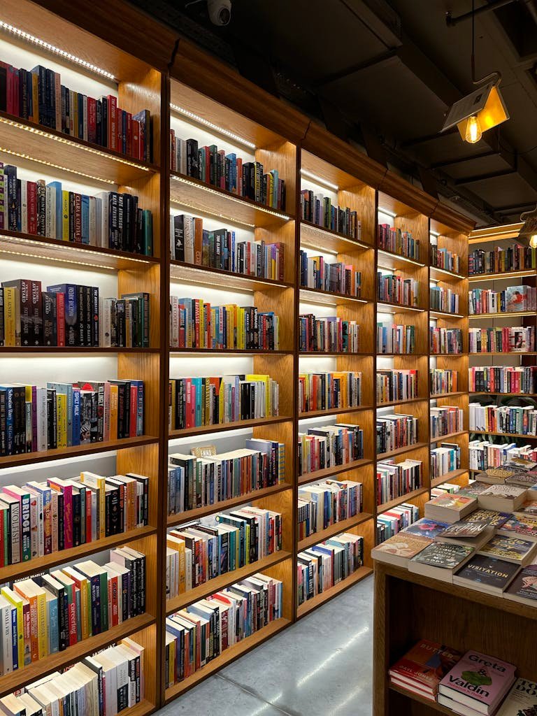 Warm-lit library with rows of bookshelves in İstanbul, Türkiye.