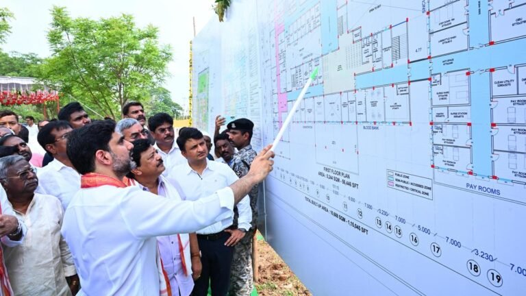 Andhra Pradesh Hrd Minister Loksh puts a stone for a 100-bed government hospital in Mangalagiri