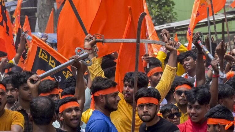 Devoted decorative weapons in the parades of RAM Navami in West Bengal