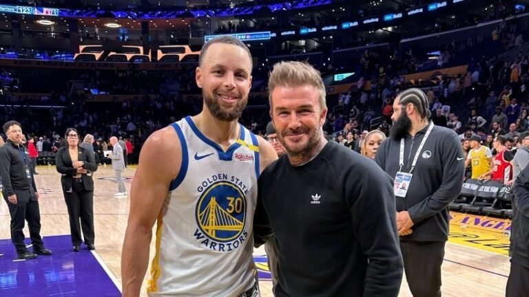 NBA: Stephen Curry shares a postgame moment with David Beckham after Warriors beat Lakers