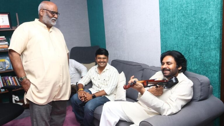 Pawan Kalyan Felicitates Keeravani before the movie Hari Hara Veera Malu