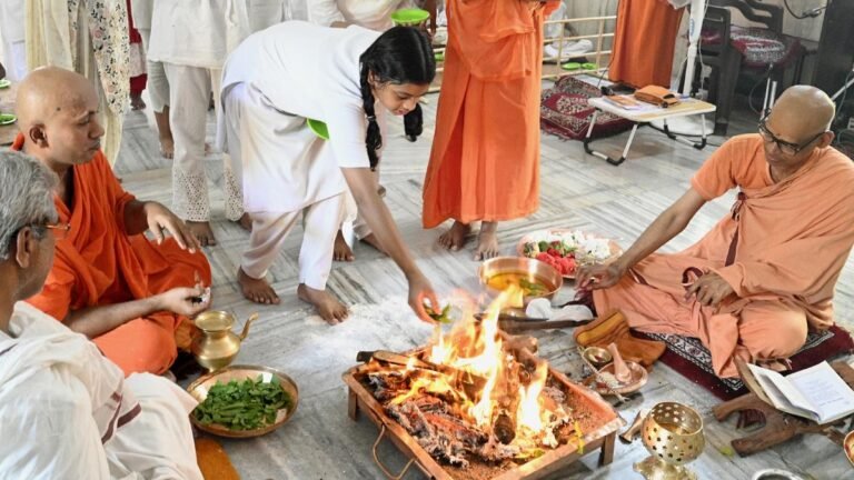 Children participate in “Homam” in a summer camp