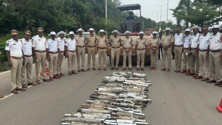 Rachakond Traffic Police crushes modified motorcycle shock absorbers