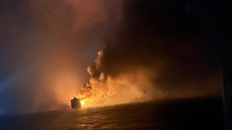 Singapore Flagged Ship Fire: Releasing hydrocarbons detected near the fuel tank of a burning ship