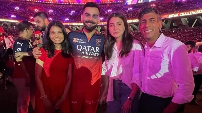 Rishi Sunak presents with Virat Kohli and Anushka Sharma after the RCB triumph