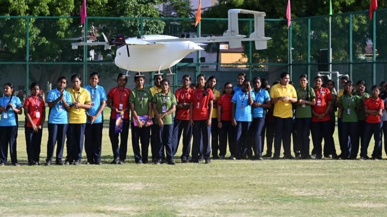 Startup demonstrates delivery of goods by a large freight drone at Tiruchi school