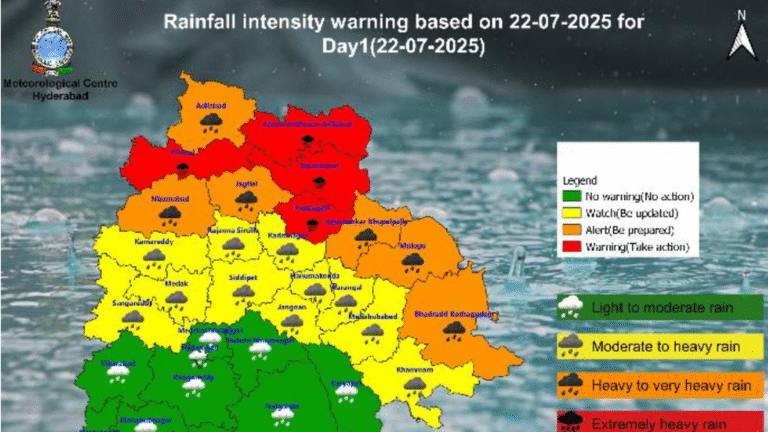 Telangana weather: Red Alert in 4 districts 22nd July; Expected heavy to extremely strong precipitation