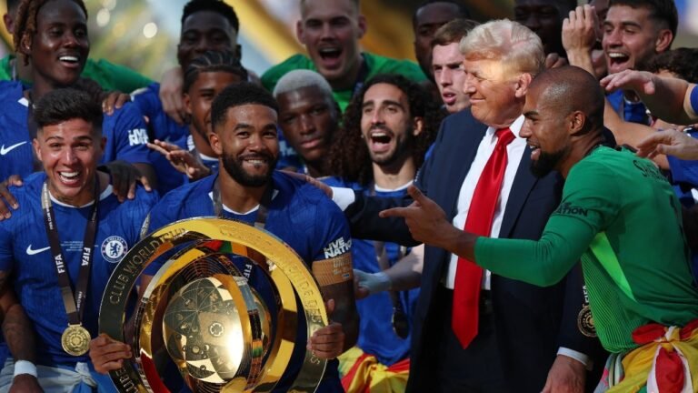 Watch: Donald Trump refuses to leave the podium, hints at Cwc Chelsea celebrations