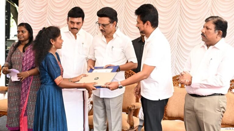 Stalin distributes laptops to students who have taken admission to prestigious educational institutions