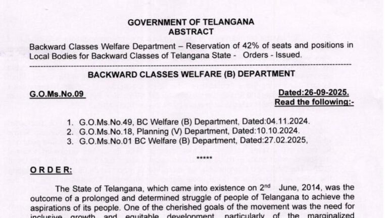 The TELANGANA Government provides 42% of the BCS quota in local bodies