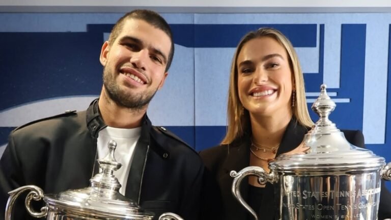 On television is Aryna Sabalenko Veselá Hádek, Calling Carlos Alcaraz Jannik Sinner