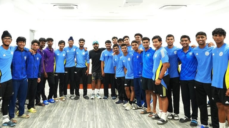 Mentor Rohit Sharma interacts with the team India U-19, VVS Laxman reacts