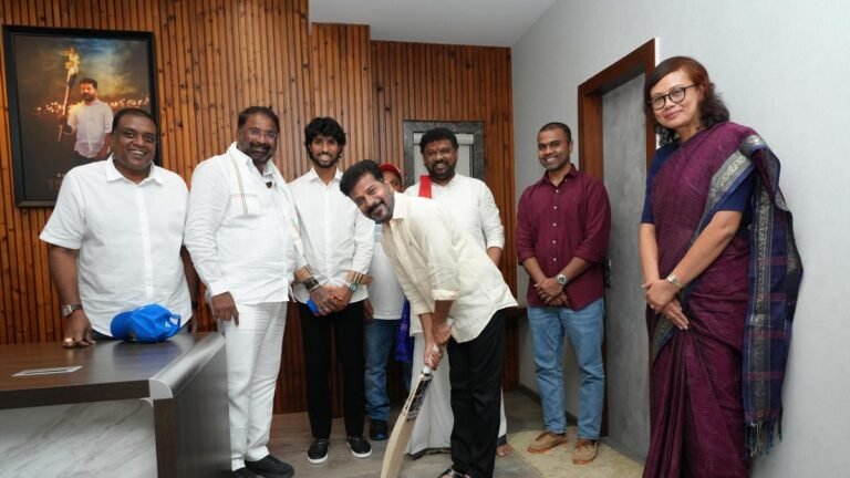 Asia Cup Final Hero Tilak Varma introduces the tangana CM Revanth Reddy bat