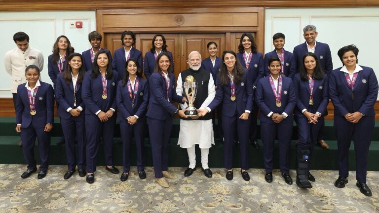 Prime Minister Modi congratulates the Women’s World Cup winners at his residence in New Delhi