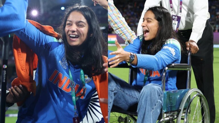Wheelchair-bound Pratika Rawal celebrates India’s World Cup victory with the tricolor
