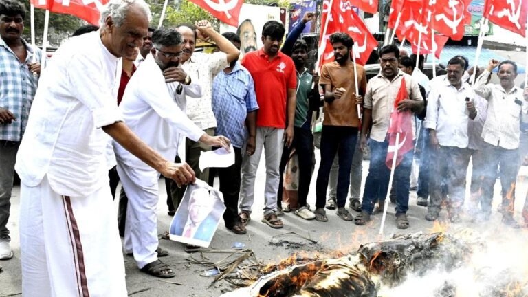 CPI burns effigy of Trump in Bhogi bonfire in Tirupati
