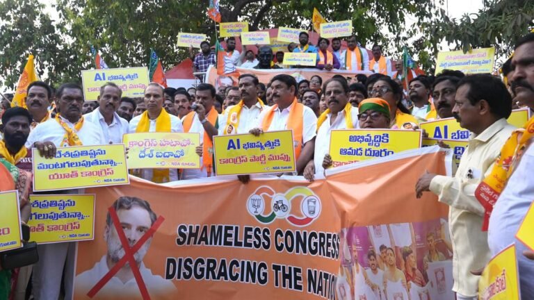 BJP and TDP protest against Congress for disrupting AI Global Summit