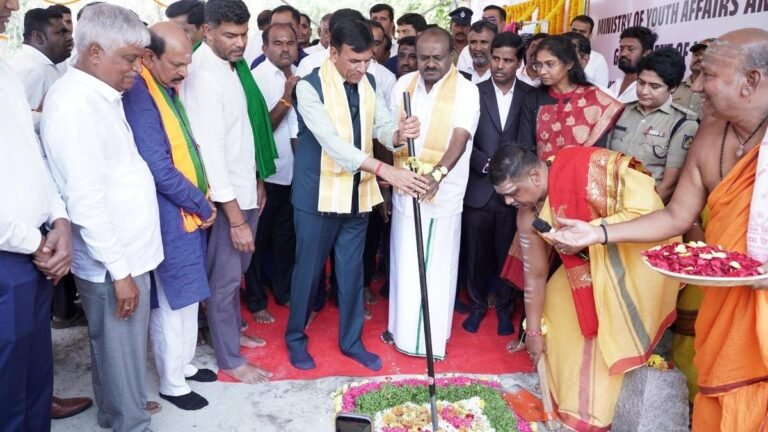 Union Ministers laid foundation stone for ₹14 crore Indoor Sports Complex at VC Farm in Mandya