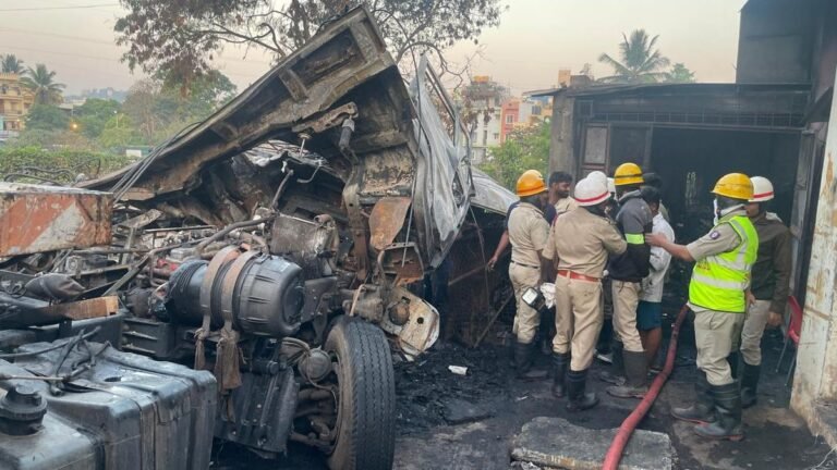 Truck crashes into car and catches fire in Kurubarahalli, Bengaluru; one dead