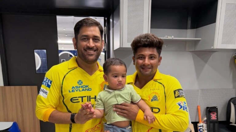 Dhoni shares a playful moment with son Sarfaraz Khan at the CSK camp ahead of IPL 2024
