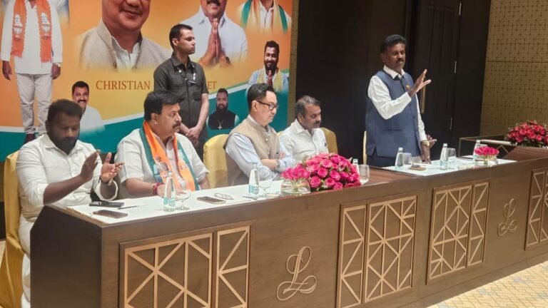 Union minister Kiren Rijiju interacts with bishops and pastors