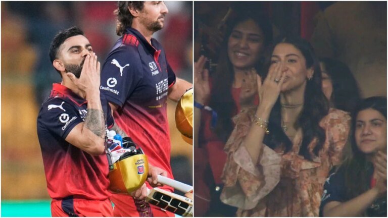 Virat Kohli and Anushka Sharma exchange flying kisses after RCB win IPL 2026 opener