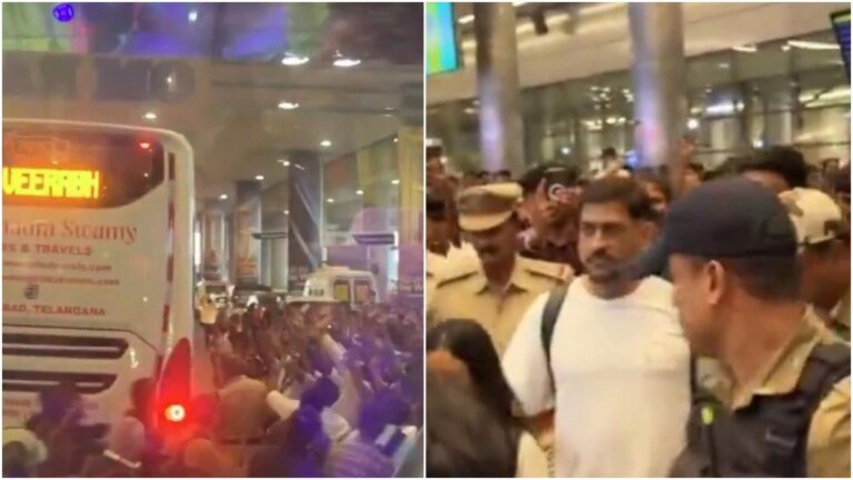 MS Dhoni sparks a frenzy in Hyderabad, fans throng the airport to watch. Video