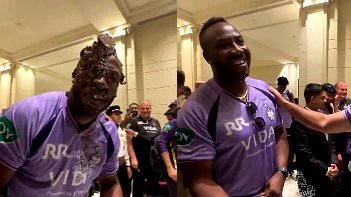KKR players smashed a cake on Andre Russell’s face after the win vs SRH