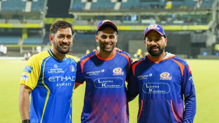 3 T20 World Cup winning captains in 1 frame: Dhoni, Rohit, Surya reunite at Chepauk