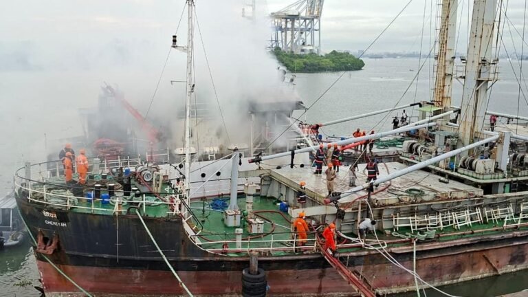 A vessel docked at a private yard caught fire in Kochi