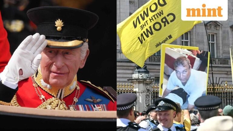 Protesters hold pictures of former Prince Andrew and Jeffrey Epstein outside Buckingham Palace during King Charles’ birthday | Today’s news