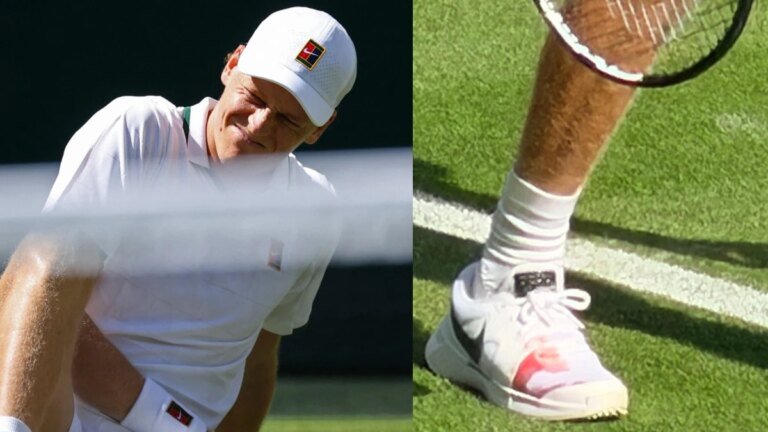 Jannik Sinner explains the game with blood on his shoe after a nasty fall at Wimbledon
