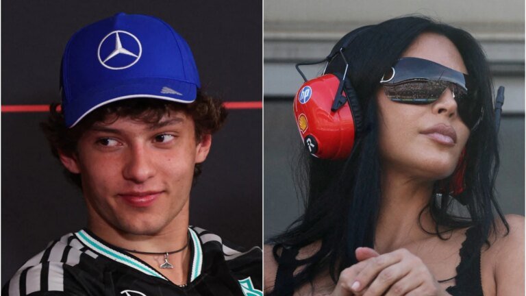 Kim Kardashian presents Kimi Antonelli with a towel after the viral mayhem at the Monaco GP