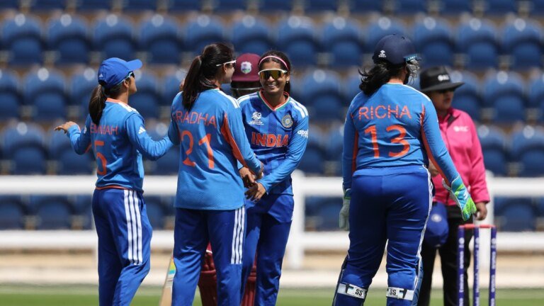 Shreyaka takes 4 as India spin to win against West Indies in T20 World Cup warm-up