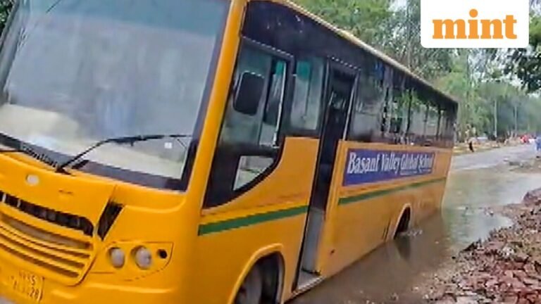 Monsoon rains bring Gurugram to a standstill as school bus partially submerged in sunken road | Follow | Today’s news