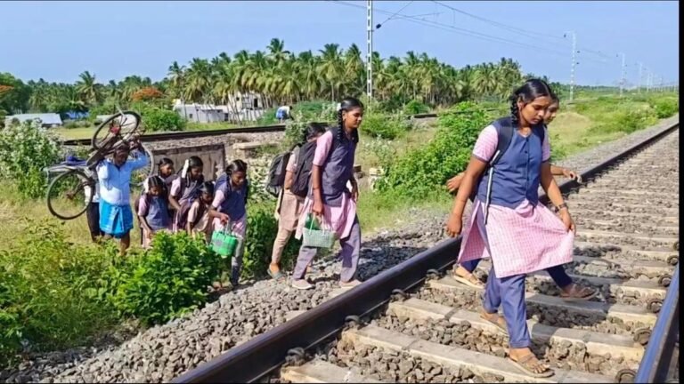 Delay in opening the restored bridge forces students to cross the railway line near Katpadi