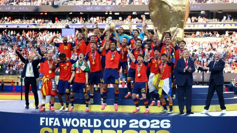 Donald Trump refuses to leave stage as Spain lift World Cup: Watch