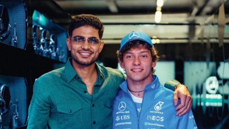 Shubman Gill playing cricket with Antonelli in the Mercedes garage at the British GP. Video