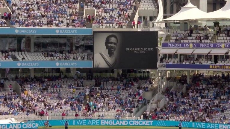 India and England players observe a minute’s silence at Lord’s in memory of Garfield Sobers