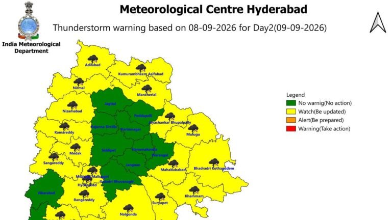 Thunderstorm forecast in 20 districts of Telangana on September 9