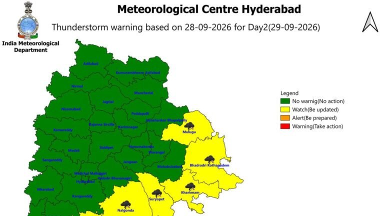 Thunderstorms forecast in eight districts of Telangana on September 29
