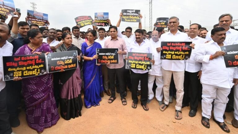 BRS leaders are staging a protest on the land allotted to the CM sibling’s company