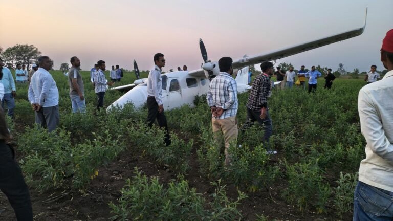 A training aircraft makes an emergency landing in an agricultural field near Kalaburagi Airport