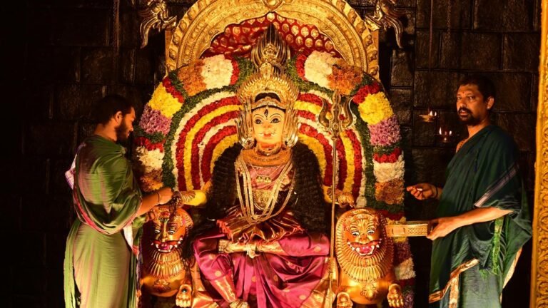 Thousands of people throng Vijayawada’s Kanaka Durga Temple on the 4th day of Dasara festivities